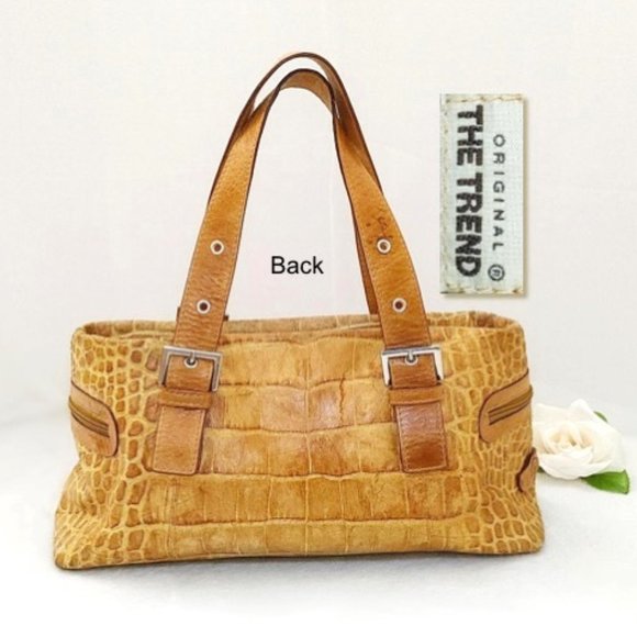 THE TREND Genuine Leather Croc Embossed Carryall Bag Mustard Silver Zip Pockets - Picture 2 of 14